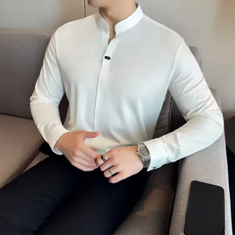男士經典領T卹，無縫彈性布料，修身棕色，最新中國風長袖Polo衫